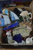 Box of Decorative Glassware, Pottery, Model Ship,