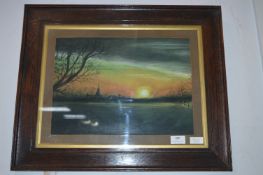 Oak Framed Oil Pastel of a Sunset