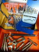 Box of Allen Keys, Spanners, Drill Bits, etc.