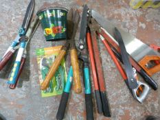 Box of Garden Tools Including Shears, Saw, Secateu