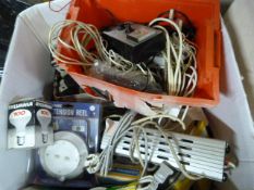 Large Box of Electrical Fittings, Plugs, Cable, et