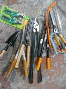 Box of Garden Tools Including Shears, Saw, Secateu