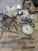 Vintage Car Badges, Pen Knives, Oil Can and Tools