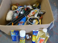 Box of Assorted Tools, Adhesives, White Spirits, e