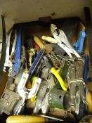 Box of Tools Including Mole Grips, Chain Wrench, e