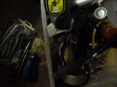 Box of Assorted Tools Including Tow Rope, Screwdri