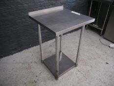 *stainlessTable Stainless steel bench on tubular legs with upstand & upshelf in fair condition 610 x