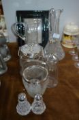 Cut Glass Crystal; Jugs, Biscuit Barrell, etc.