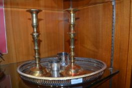 Brass Candlesticks, Plated Tray, etc.