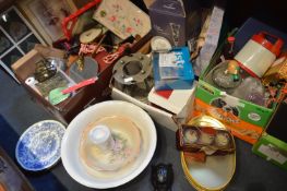 Case and Two Boxes of Assorted Household Goods, Gl