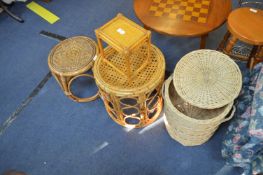 Bamboo and Woven Items; Stools, Linen Basket, etc.