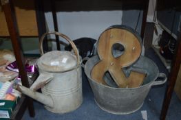 Vintage Galvanised Watering Can, Wash Tub and Ligh