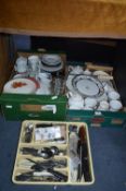 Two Boxes of Crockery and a Tray of Cutlery