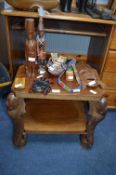 Carved Elephant Side Table, Wooden Masks, Figures,