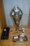 Metal Ornaments Including Vases, Vintage Car, Cloc