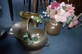 Three Brass & Copper Coal Scuttles with Dried Flow