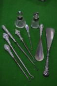 Silver Handled Button Hooks, Shoe Last and Scent B