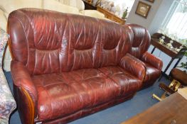 Red Leather Three Seat Sofa and Matching Armchair