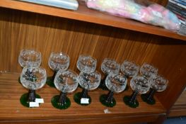 Set of 12 Etched Green Glass Wine Goblets