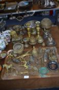 Copper Tray, Brassware, Candlesticks, Hand Bells,