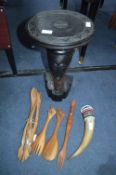 Carved African Table and Carved Wooden Utensils
