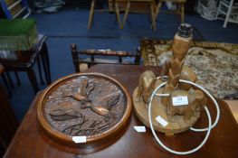 Carved Elephant Lamp Base and Wild Fowl Wall Plaqu