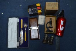 Assorted Collectibles, Soda Siphon, Microscope, et