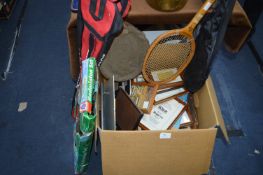 Large Box of Picture Frames, Badminton Rackets, et
