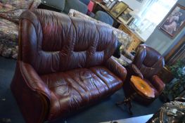 Oxblood Leather Two Seat Sofa and Matching Easy Ch