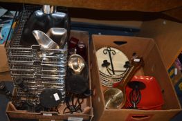 Two Boxes of Kitchenware and Filing Racks, etc.