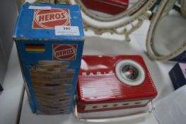 Hero Mini Jenga and Novelty Radio Biscuit Tin