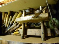 Box of Vintage Tools Including Chisels, Plane, Tap