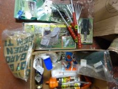 Box of Garden Tools and Accessories Including Hose