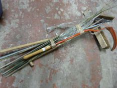 Bundle of Garden Tools, garden Cane and Brooms