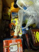 Box of Staples, Padlocks, Jack Oil, Grease, Car Pa