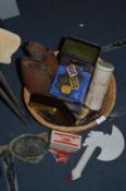 Basket of Collectibles, Old Tins, Spats, etc.