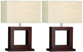 Pair Of Cosmopolitan Dark Wood Table Lamps With Matching Oblong Shades - New Boxed Stock - CL323 - R