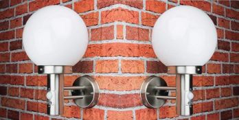 2 x Globe Outdoor Wall Light With PIR Motion Sensor - Stainless Steel With Polycarbonate Shade - IP4