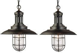 2 x Fisherman Black & Gold Pendant Lights With Caged Seeded Glass Shade - New Boxed Stock -