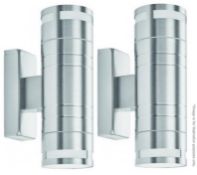 Pair Of 2-LED Wall Bracket Lights In Stainless Steel With Frosted Glass Diffuser - IP44 - New Boxed