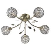 1 x Bellis II Antique Brass 5 Light Fitting With Clear Glass Metal Shades and Leaf Decoration -