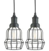 A Pair Of Matt Black Bell Cage Pendant Light Fittings - New Boxed Stock - CL323 - Ref: 6847BK / PalG