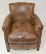 1 x Antique-Style Brown Leather Upholstered Chair With Down Filled Cushion Padding