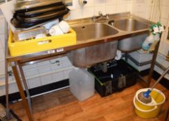 1 x Stainless Steel Twin Sink Basin Unit With Mixer Taps, Strainer Plugs, Soap Dispensers, and Spill