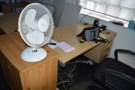 8 x Assorted Pieces of Office Furniture - Includes 3 x Desks, 1 x Table, 1 x Fan, 2 x Chairs and 1 x