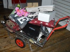 1 x Basket Trolley With Contents - Includes Pillows, Iron, Artificial Flowers, Food Tray and