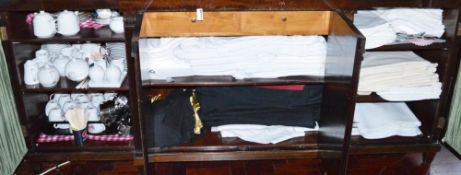 1 x Contents of Restaurant Cabinet - Includes Table Clothes, Cutlery, Plates, Teapots, Saucers, Cups