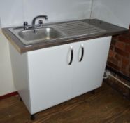 1 x Sink Unit With White Gloss Cabinet, 133cm Worktop, Sink Basin With Drainer and Mixer Taps - Ref