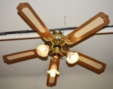 6 x Triple Light Ceiling Fans With Brass Finish, Opaque Shades, and Wooden Fan Blades - Ref BB420