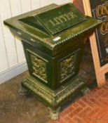 1 x Cast Metal Litter Bin in Green and Gold With Decorative Features and Claw Feet - H79 x W50 x D51